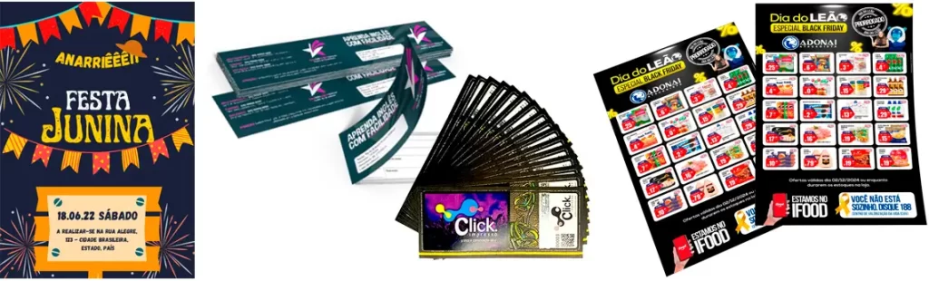 Cartazes, capas de carnê, ingressos e encartes impressos